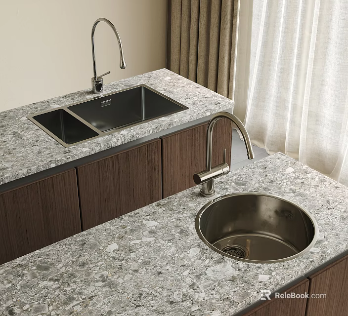 Modern Kitchen Featuring Double Bowl And Single Bowl Sinks On Marble Countertop With Wooden Cabinets 3d model 