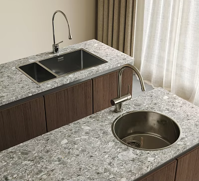 Modern Kitchen Featuring Double Bowl And Single Bowl Sinks On Marble Countertop With Wooden Cabinets 3d model