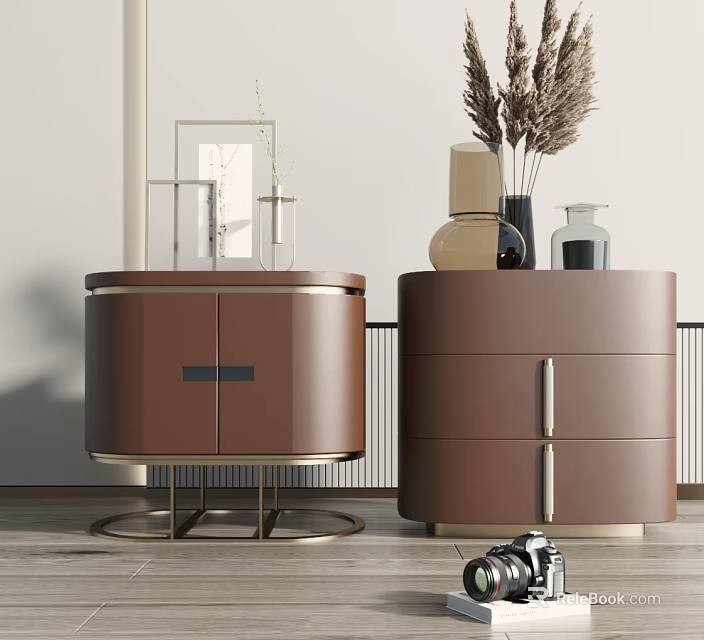 Round Brown Bedside Tables With Gold Accents Decorative Vases And Dried Grasses 3d model 