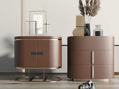 Round Brown Bedside Tables With Gold Accents Decorative Vases And Dried Grasses 3d model
