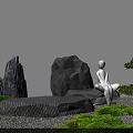 Zen Courtyard Garden with Gray Stones White Statue Green Moss Pine Trees and Gravel