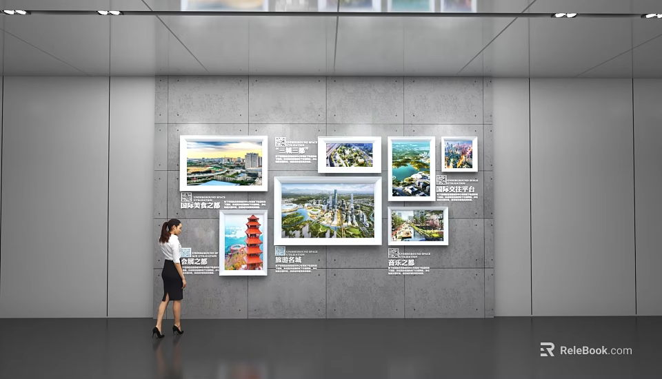 Woman Viewing Various City Landscape Images On Modern Interior Display Wall 3d model 