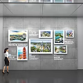 Woman Viewing Various City Landscape Images On Modern Interior Display Wall