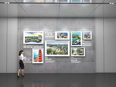 Woman Viewing Various City Landscape Images On Modern Interior Display Wall 3d model