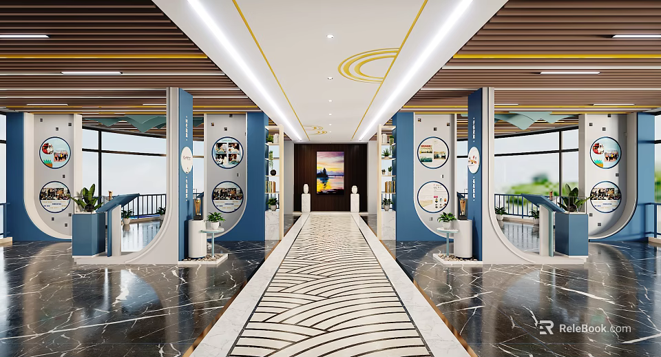Modern Exhibition Hall Interior With Decorative Columns And Spacious Walkway Design 3d model 