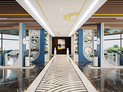 Modern Exhibition Hall Interior With Decorative Columns And Spacious Walkway Design 3d model