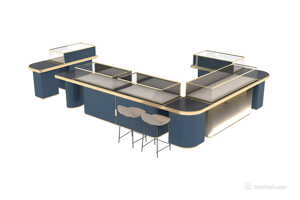 Modern Stylish Display Shelves With Navy Blue Counter And Light Stools Design 3d model