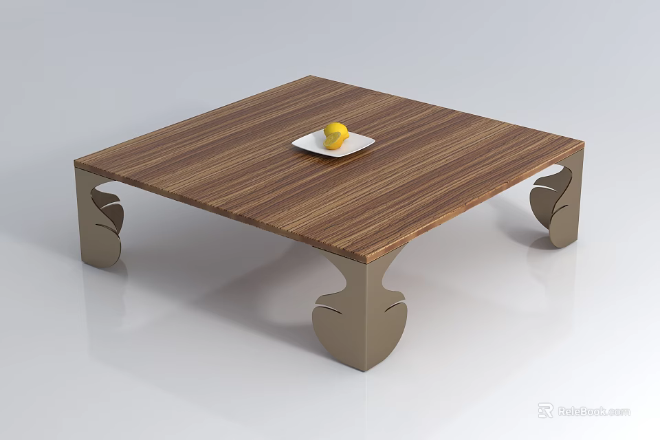 Square Coffee Table with Wooden Top Metal Legs White Plate and Yellow Fruit 3d model 