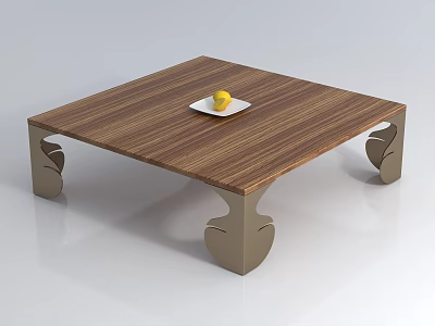 Square Coffee Table with Wooden Top Metal Legs White Plate and Yellow Fruit 3d model