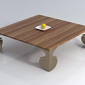 Square Coffee Table with Wooden Top Metal Legs White Plate and Yellow Fruit