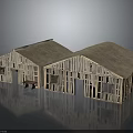 Two Wooden Barns with Frame Structure Sloped Roofs Multiple Windows Doors and Wheelbarrow