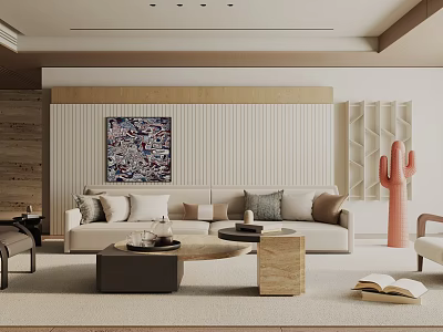 Modern Living Room Interior With Beige Sofa Multiple Cushions Decorative Artwork And Wooden Coffee Tables 3d model