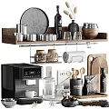 Kitchen Decorative Ornaments Set With Wooden Shelf Metal Tins Glass Jars Coffee Machine And Marble Tray