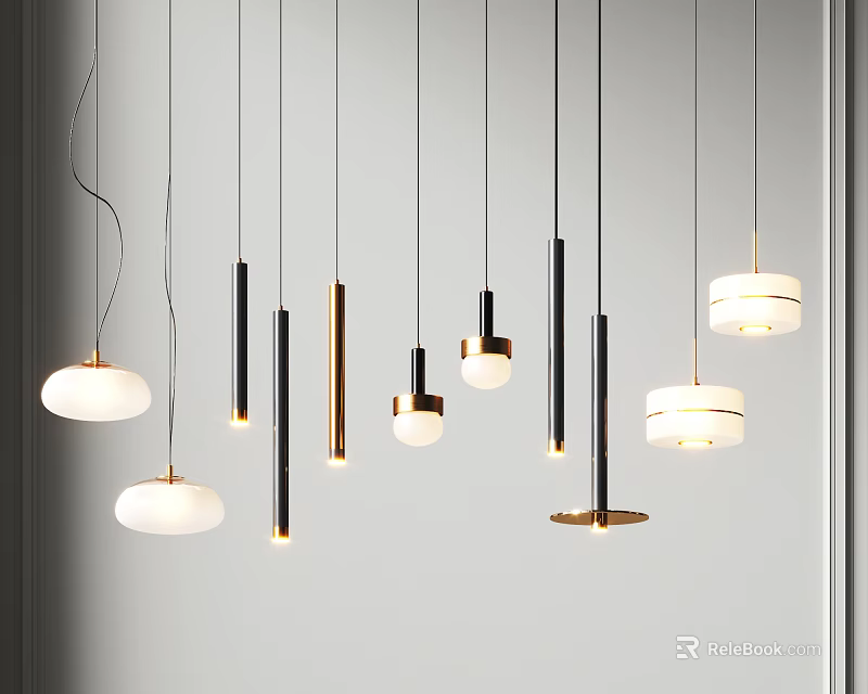 Modern Pendant Lights With Various Designs Black Gold Frames And White Lampshades 3d model 