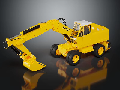 Detailed Yellow GOYO Wheel Excavator Model With Cab And Bucket On Reflective Surface 3d model