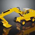 Detailed Yellow GOYO Wheel Excavator Model With Cab And Bucket On Reflective Surface