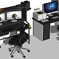 Practical Functional Desk With Multi Monitor Setup Printer Storage Drawers And Ergonomic Office Chair