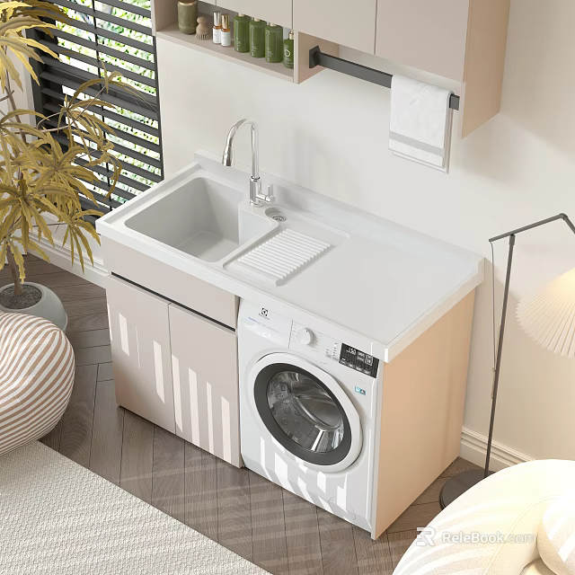 Functional Home Balcony Design With Laundry Cabinet Sink Washing Machine And Plant 3d model 