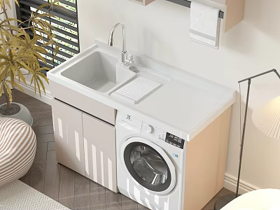 Functional Home Balcony Design With Laundry Cabinet Sink Washing Machine And Plant 3d model