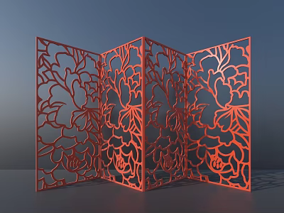 Red Folding Room Divider With Laser Cut Peony Pattern For Interior Decor 3d model
