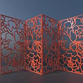 Red Folding Room Divider With Laser Cut Peony Pattern For Interior Decor 3d model