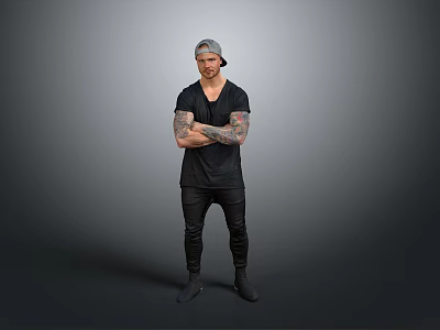 Tattooed Man Wearing Black T Shirt And Pants With Arms Crossed Against Gray Background 3d model