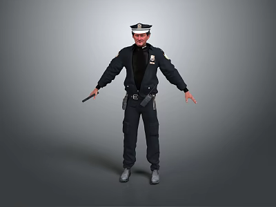 Police Officer In Uniform With Hat Holding Gun Standing On Gray Background 3d model