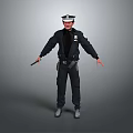 Police Officer In Uniform With Hat Holding Gun Standing On Gray Background 3d model