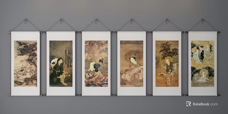 Traditional Scroll Paintings Displaying Classical Figures Hanging as Four Wall Artworks 3d model 