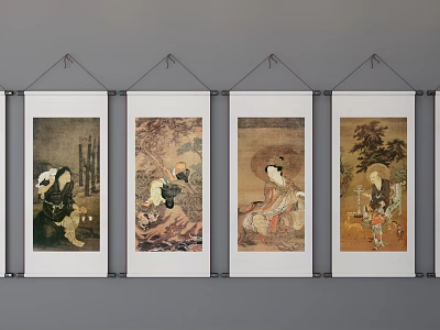 Traditional Scroll Paintings Displaying Classical Figures Hanging as Four Wall Artworks 3d model