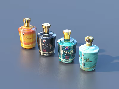 Colorful Glass Bottles For Daily Use With Golden Caps And Various Color Labels 3d model