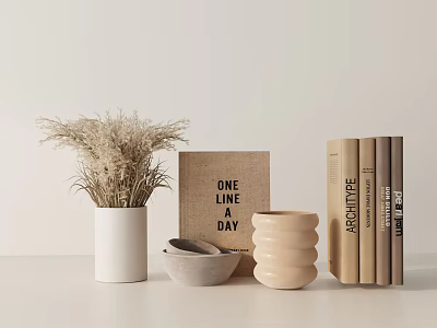Tabletop Decorative Ornament Set with Dried Pampas Grass Ceramic Bowl Vases and Architecture Books 3d model