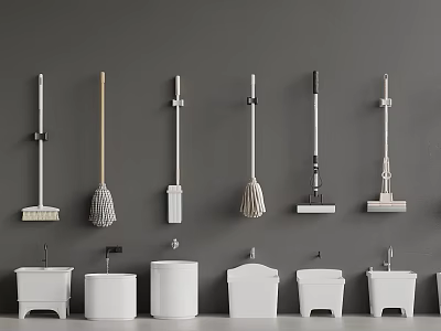 Wall Mounted Cleaning Tools And White Wash Basins Against Gray Wall 3d model