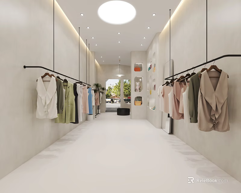 Modern Clothing Store Interior With Hanging Clothes On Racks And Ceiling Lights 3d model 