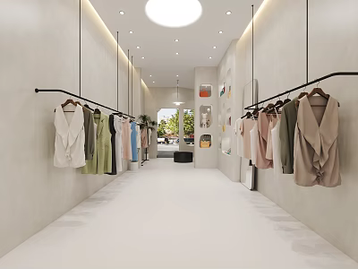 Modern Clothing Store Interior With Hanging Clothes On Racks And Ceiling Lights 3d model