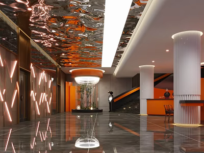 Modern Luxury Lobby Front Desk Reception with Orange Columns Mirrored Ceiling and Marble Floor Lighting 3d model