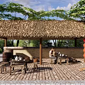 Rural Landscape Featuring Thatched Roof Pavilion Person Sitting By Wooden Barrels With Fruits And Trees