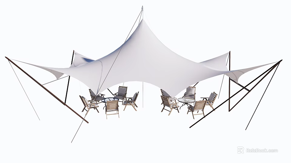 Tensile Membrane Shade Structure For Outdoor Patio With Seating And Tables 3d model 
