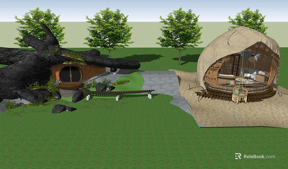 Dome Shaped Guesthouse Buildings in Green Lawn with Trees and Stone Path 3d model 