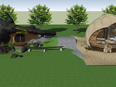 Dome Shaped Guesthouse Buildings in Green Lawn with Trees and Stone Path 3d model