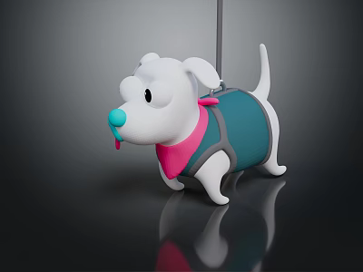 Adorable White Stuffed Dog Toy with Blue Nose Pink Collar Green Harness and Red Tongue 3d model