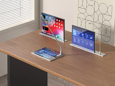 Modern Office Desk With Tablet And Dual Monitors On Stands Near Window Blinds And Decor 3d model