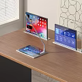 Modern Office Desk With Tablet And Dual Monitors On Stands Near Window Blinds And Decor