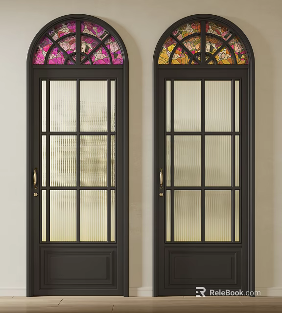 Arched Top Decorative Doors With Stained Glass And Ribbed Glass In Black Frames 3d model 