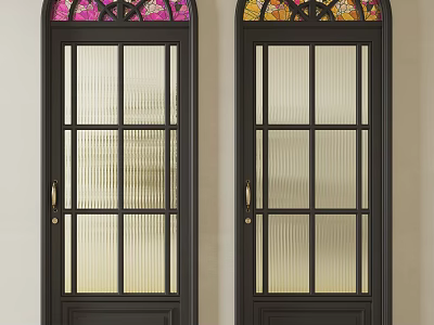 Arched Top Decorative Doors With Stained Glass And Ribbed Glass In Black Frames 3d model