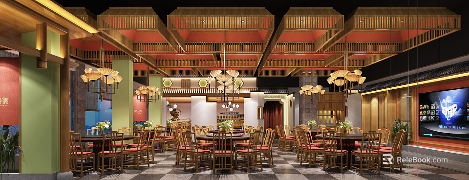 Chinese Style Restaurant Interior Featuring Wooden Furniture Red Cushions Lantern Lights And Checkered Floor 3d model 