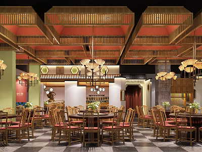Chinese Style Restaurant Interior Featuring Wooden Furniture Red Cushions Lantern Lights And Checkered Floor 3d model