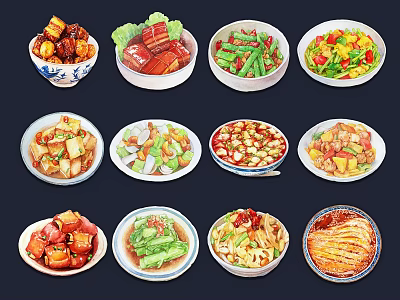 Colorful Chinese Dishes Themed Decorative Wall Hanging With Various Culinary Art Designs 3d model