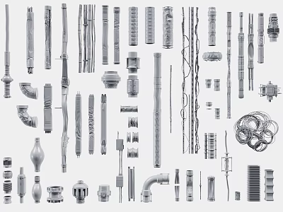 Various Types of Pipes and Plumbing Fittings Including Connectors Valves and Different Sizes 3d model