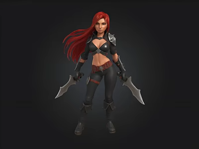 Red Haired Female Warrior 3D Character In Black Combat Outfit With Dual Blades 3d model
